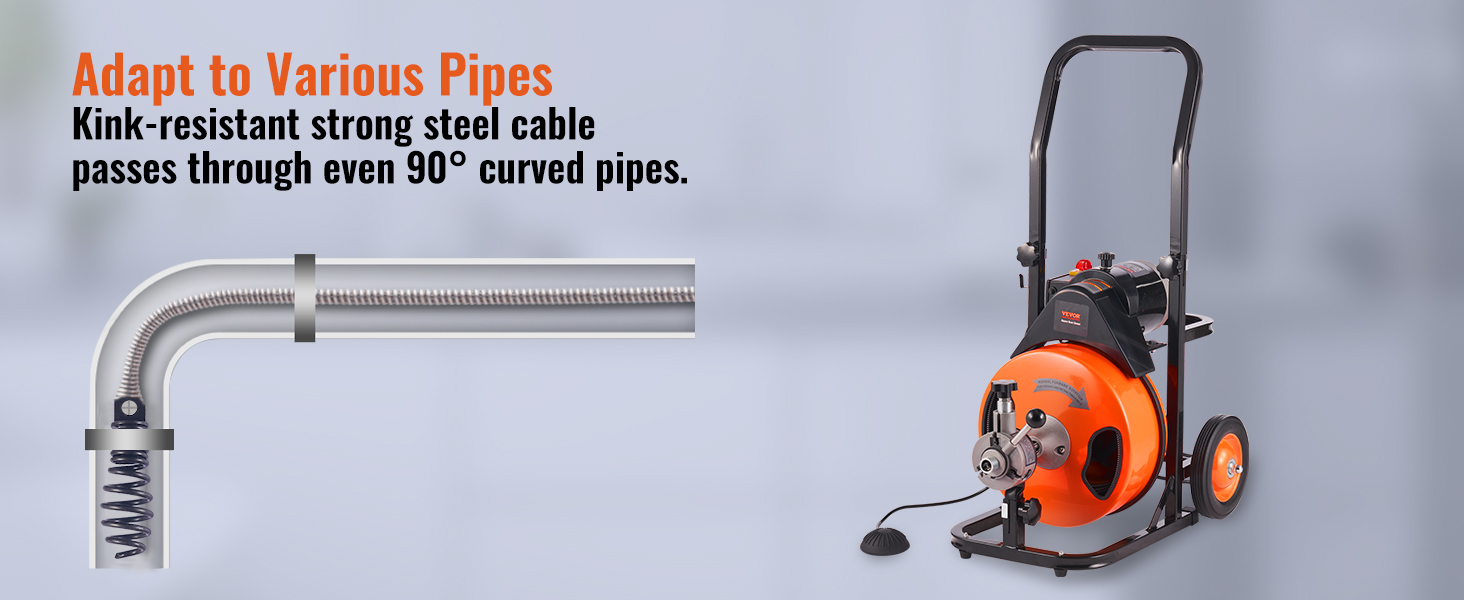Máquina de limpieza de desagües VEVOR con cable de acero que navega por curvas de tuberías de 90 grados, mostrando adaptabilidad.