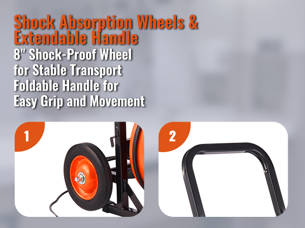 Máquina limpiadora de desagües VEVOR con ruedas a prueba de golpes y mango extensible para facilitar el transporte.
