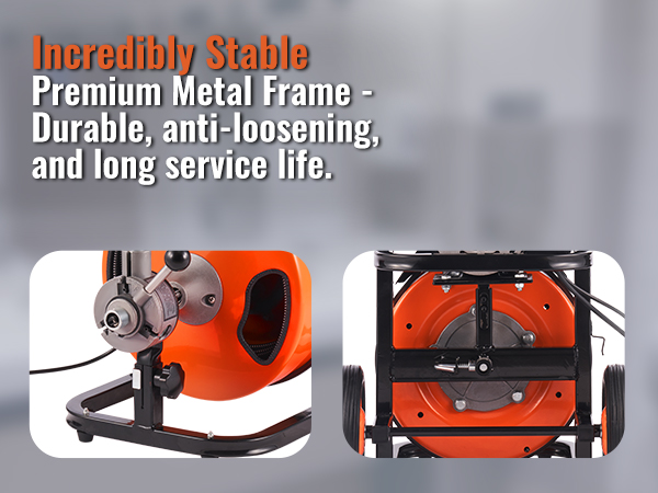 Máquina limpiadora de desagües VEVOR con estructura de metal de primera calidad, construcción duradera y tambor naranja grande.
