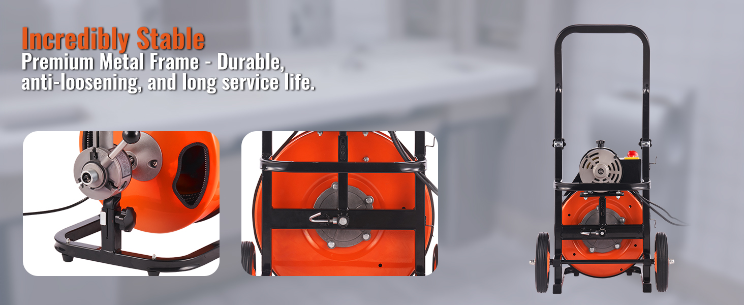 Máquina limpiadora de desagües VEVOR con estructura de metal de primera calidad, construcción duradera y tambor naranja grande.