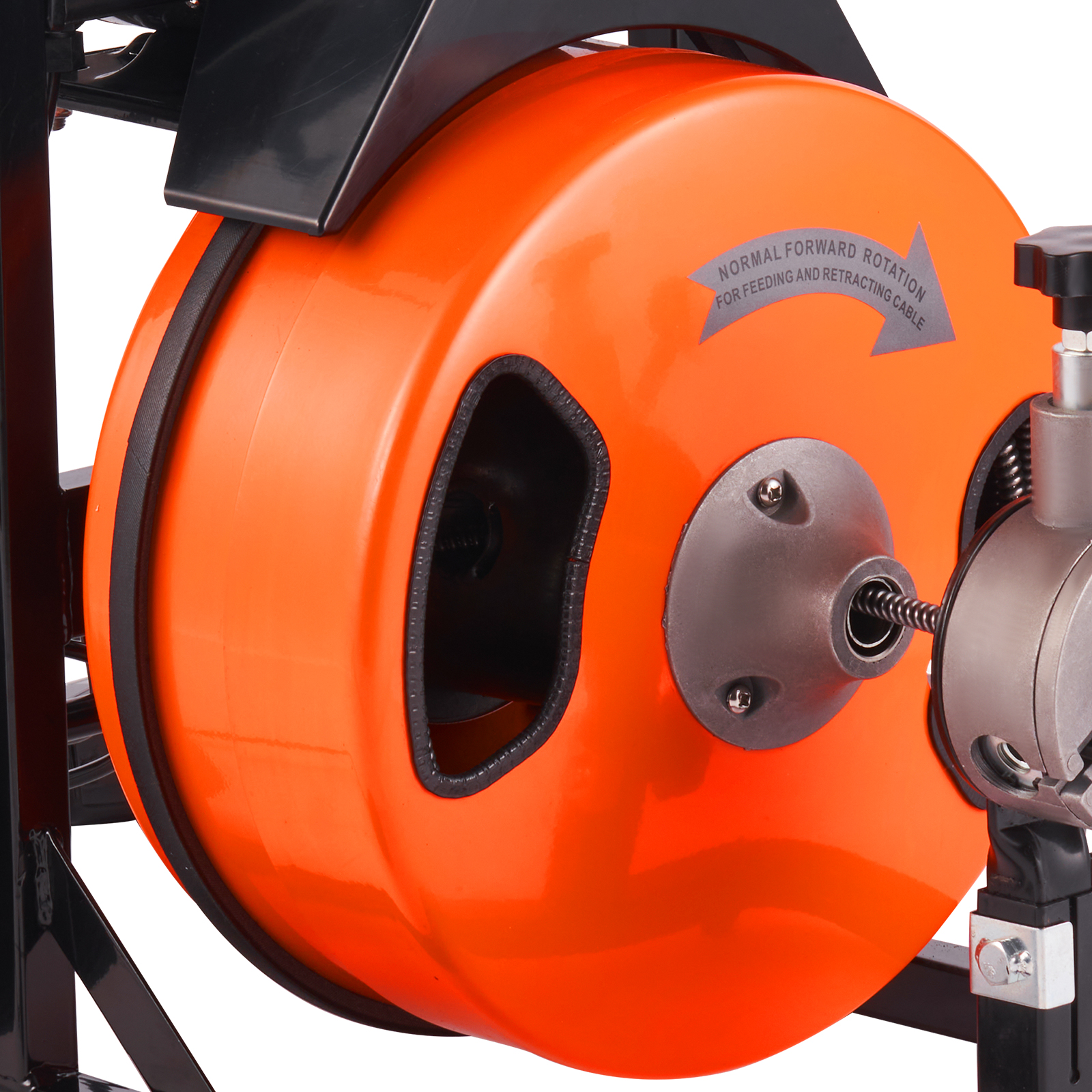 Carrete de cable naranja de máquina de limpieza de desagües VEVOR con mecanismo de alimentación y retracción visibles.
