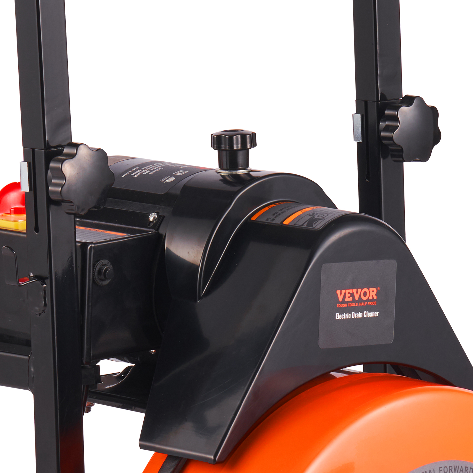 Máquina limpiadora de desagües VEVOR con cuerpo negro, perillas ajustables y tambor naranja brillante.