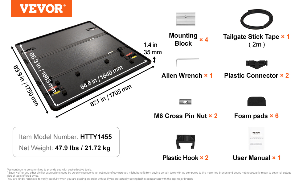 VEVOR tundra truck bed cover dimensions, parts list including mounting blocks, tailgate tape, and accessories.