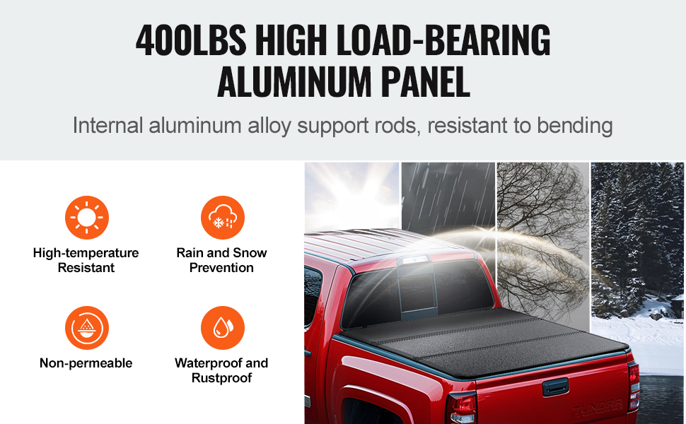 VEVOR tundra truck bed cover: 400lbs load-bearing aluminum panel, waterproof, and high-temp resistant.