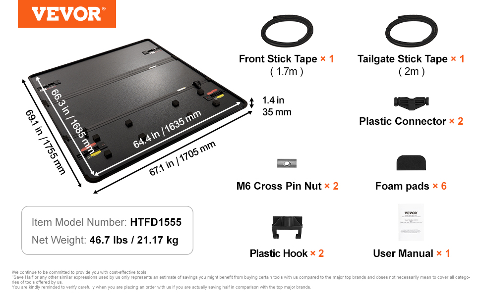 VEVOR tri-fold truck bed cover with dimensions, front and tailgate stick tapes, connectors, and installation parts.