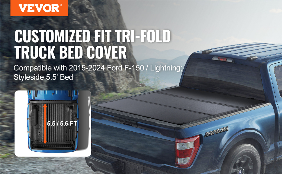 VEVOR tri-fold truck bed cover on blue ford f-150, compatible with 5.5' styleside beds, scenic mountain backdrop.