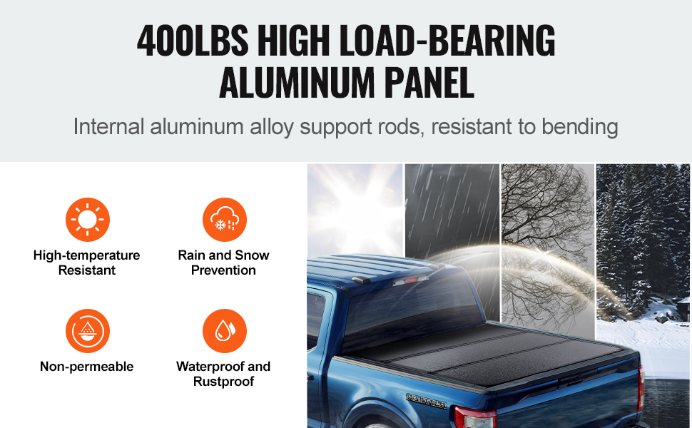 VEVOR tri-fold truck bed cover with aluminum panel, high load-bearing, waterproof, and rustproof.