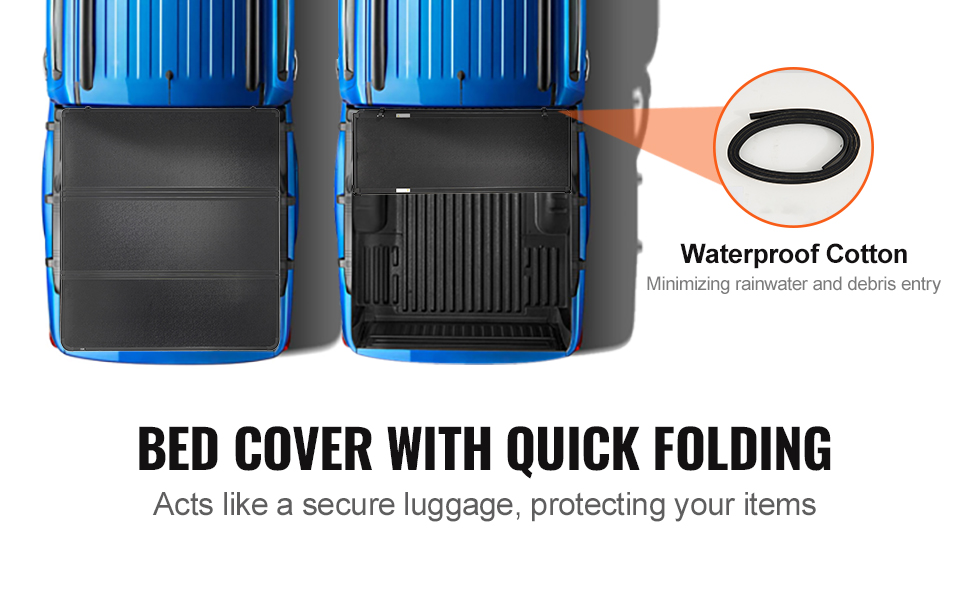 VEVOR tri-fold truck bed cover on blue pickup showcasing waterproof strip and quick folding feature.