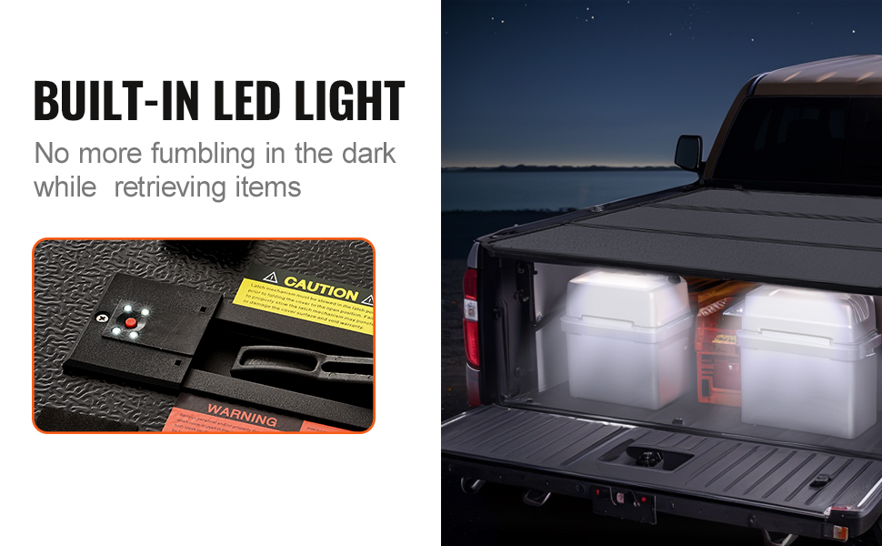 VEVOR tri-fold truck bed cover with built-in led light illuminates storage area at night.