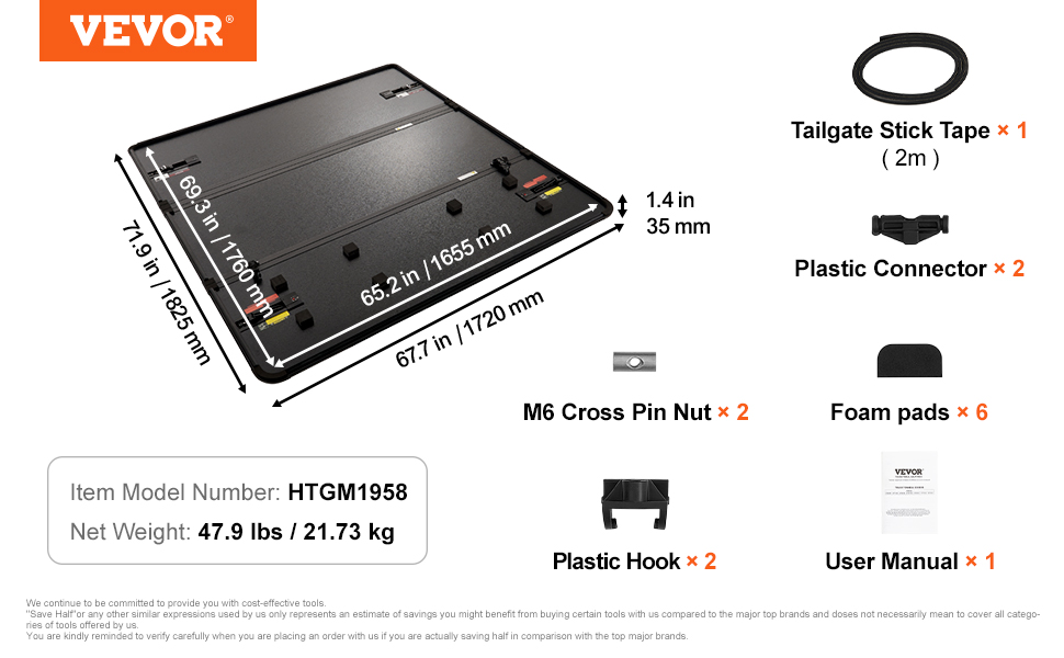 VEVOR tri-fold truck bed tonneau cover with dimensions, components, and model details.