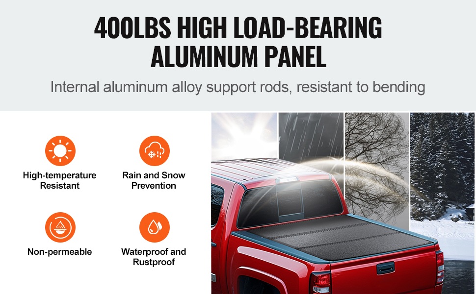 VEVOR tri-fold truck bed tonneau cover in red truck, high load-bearing aluminum panel, weather-resistant.