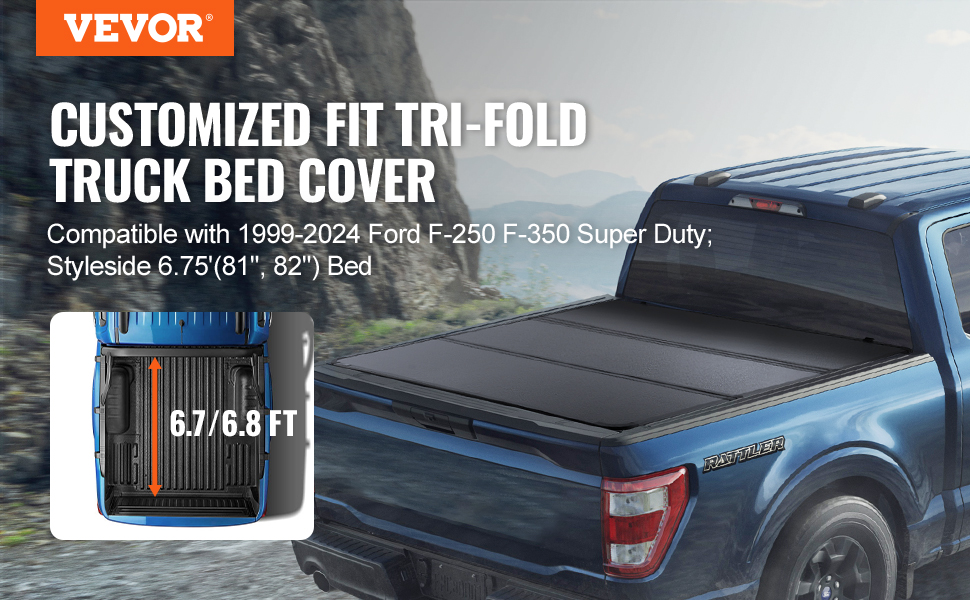 VEVOR truck bed cover compatible with 1999-2024 ford f-250 f-350 super duty; 6.75' styleside bed.