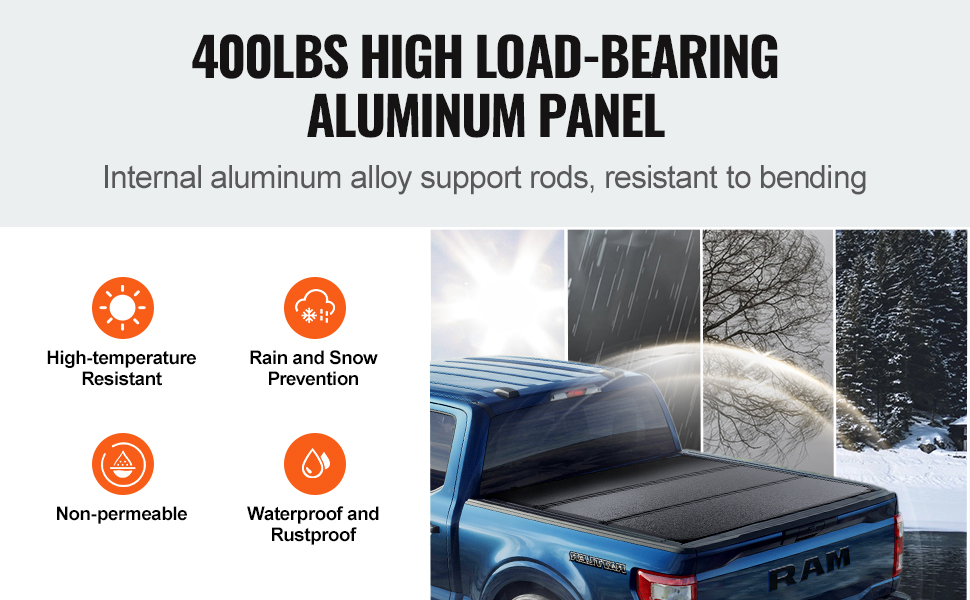 VEVOR truck bed cover, 400lbs load-bearing aluminum panel, weatherproof, high-temp resistant, blue ram.