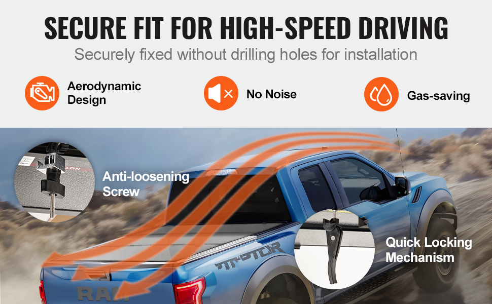 VEVOR truck bed cover with aerodynamic design, anti-loosening screw, quick locking, no noise.