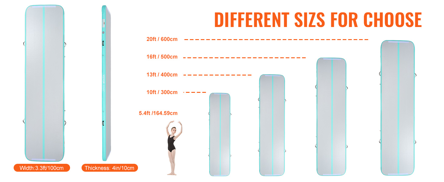 VEVOR vingrošanas gaisa paklājiņš piecos dažādos izmēros: 6 m, 4,9 m, 3 m, 3 m un 1,5 m.