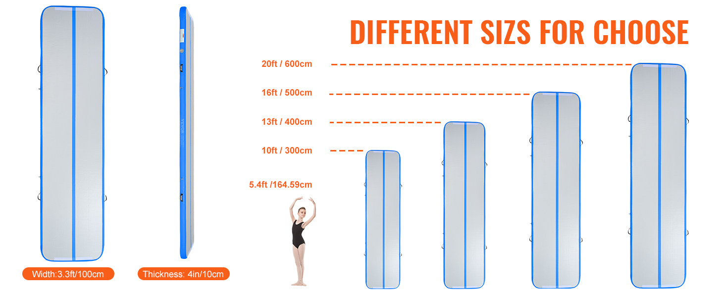 VEVOR vingrošanas gaisa paklājiņš dažādos izmēros: 6 m, 4,6 m, 3 m, 3 m un 1,5 m, ar 90 cm platumu un 10 cm biezumu.