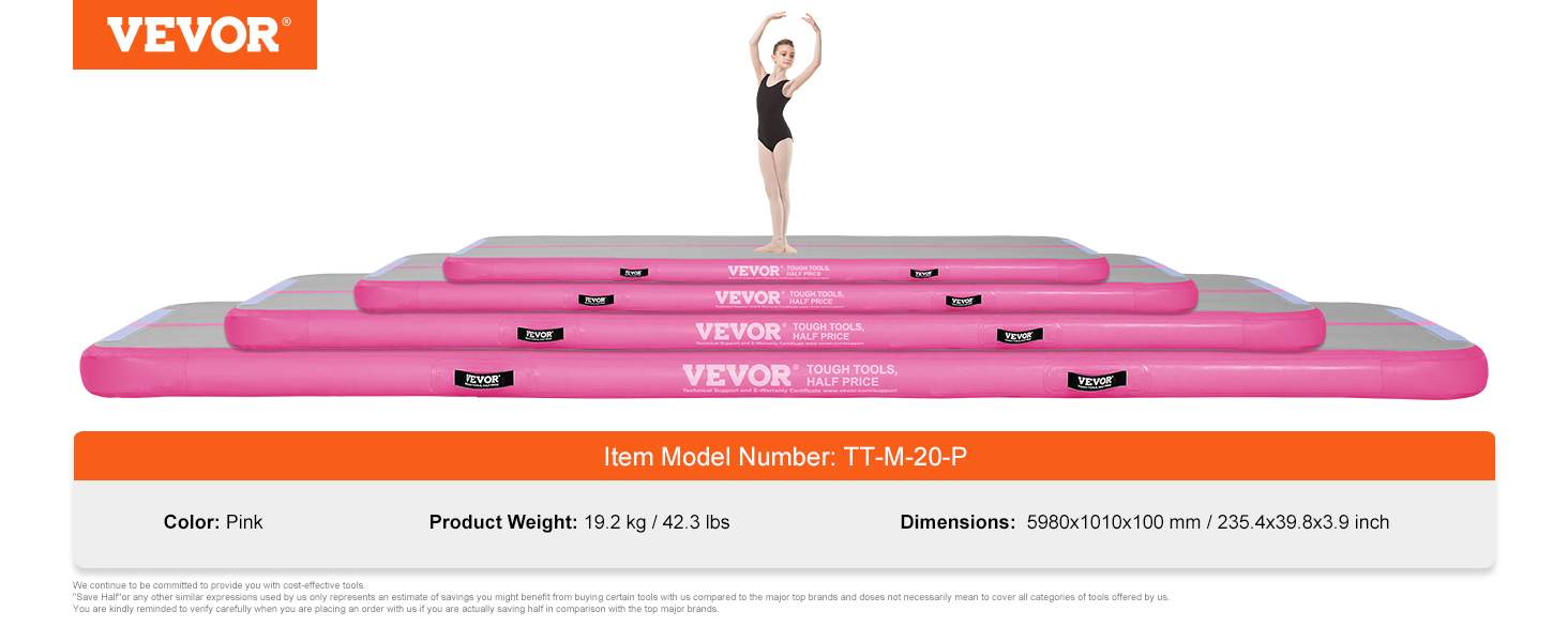 Rozā VEVOR vingrošanas piepūšamais paklājiņš, modelis tt-m-20-p, 19,2 kg, izmēri 5980x1010x100 mm, ar vingrotāju.