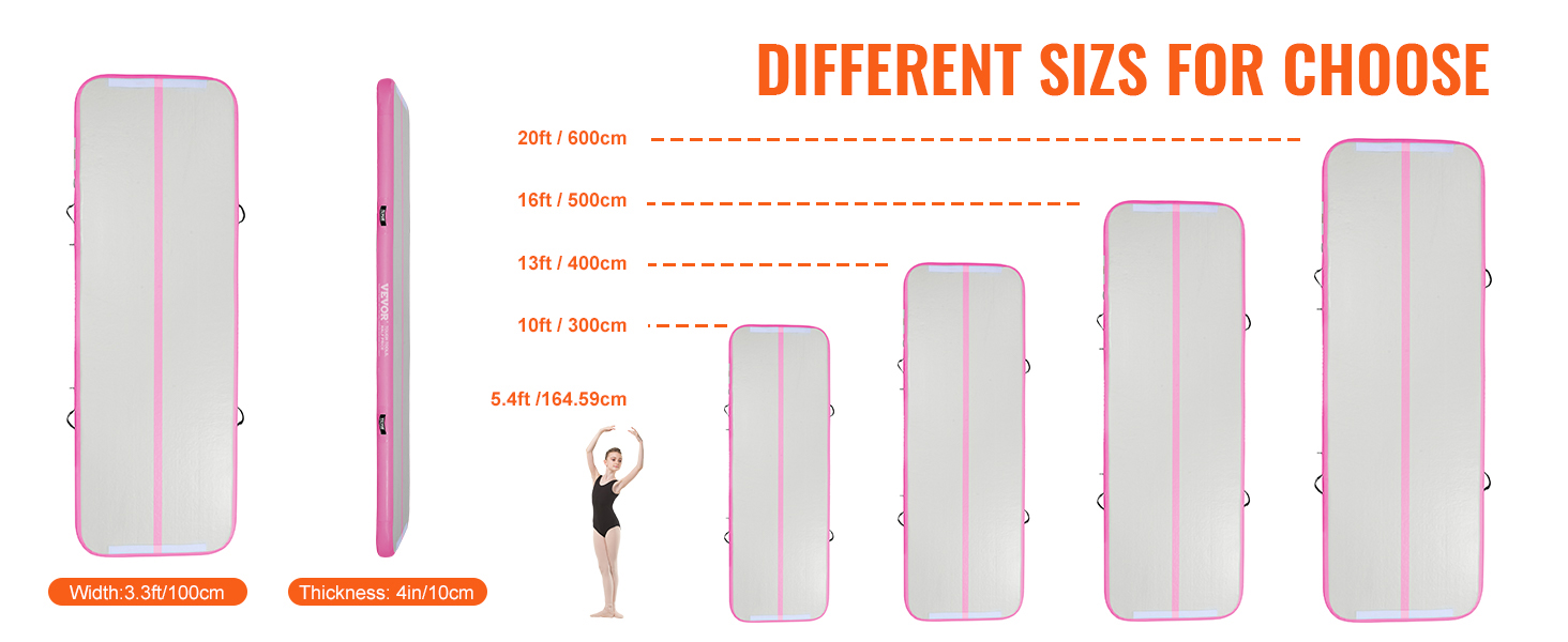 Dažādi VEVOR vingrošanas gaisa paklājiņa izmēri: 6 m, 4,6 m, 3 m, 3 m un 1,5 m, ar 90 cm platumu un 10 cm biezumu.