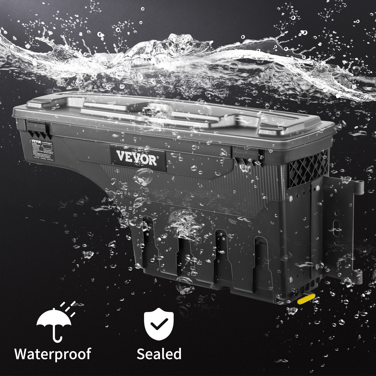 VEVOR tundra truck bed tool box, waterproof and sealed, with water splashing against the black background.