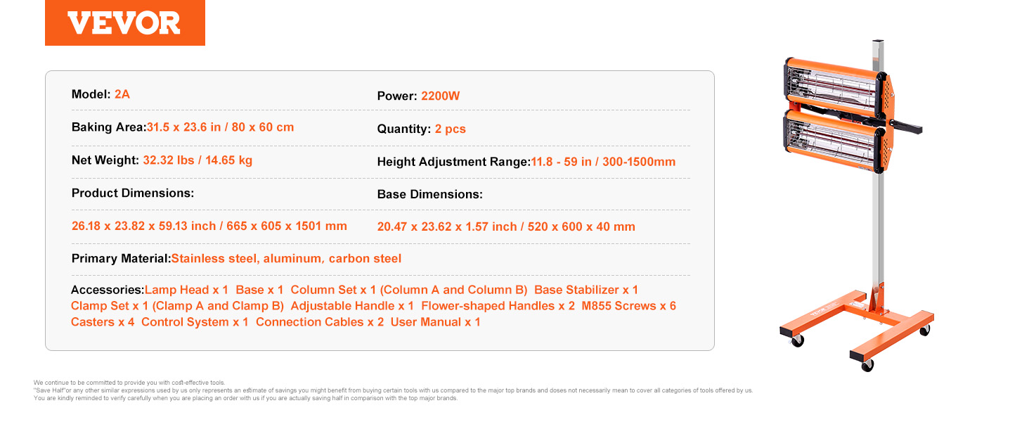 VEVOR infrared curing lamp model 2a, 2200w, orange, dual lamps, adjustable height, rolling base.