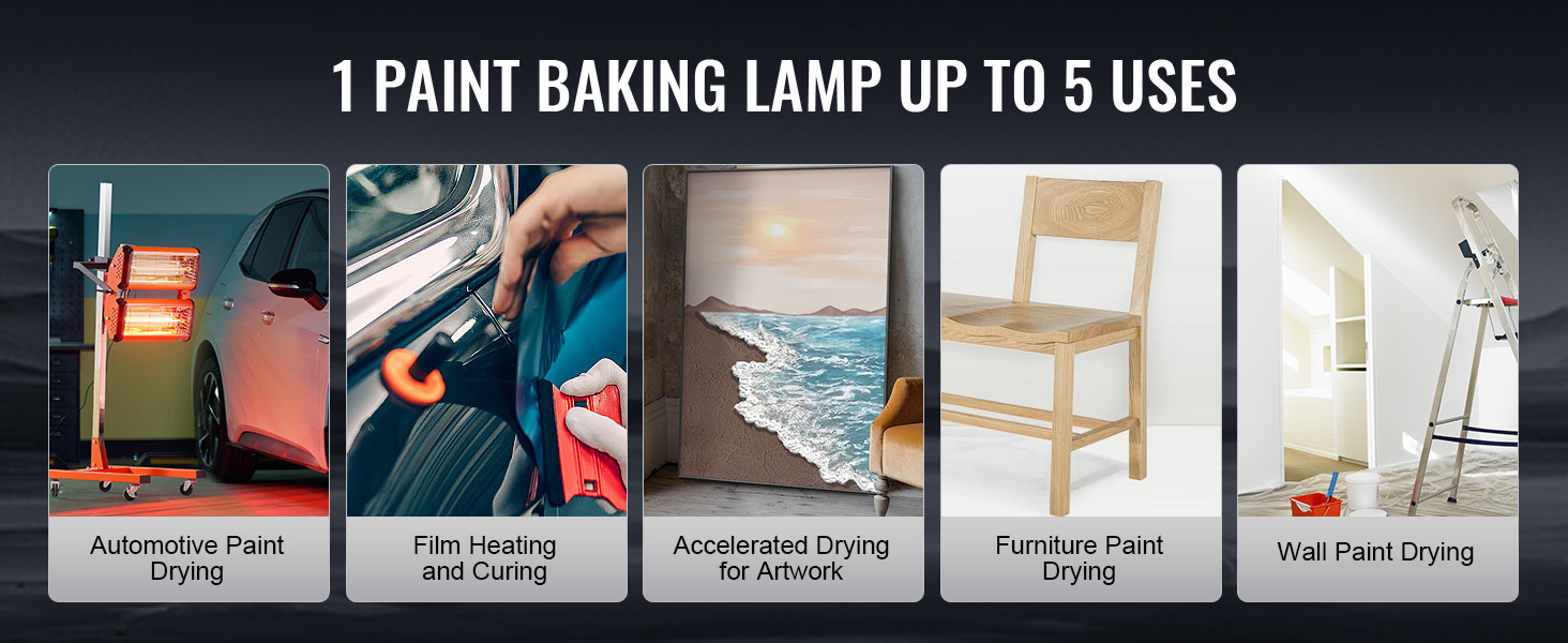 VEVOR infrared curing lamp used for automotive paint, film heating, artwork, furniture, and wall drying.