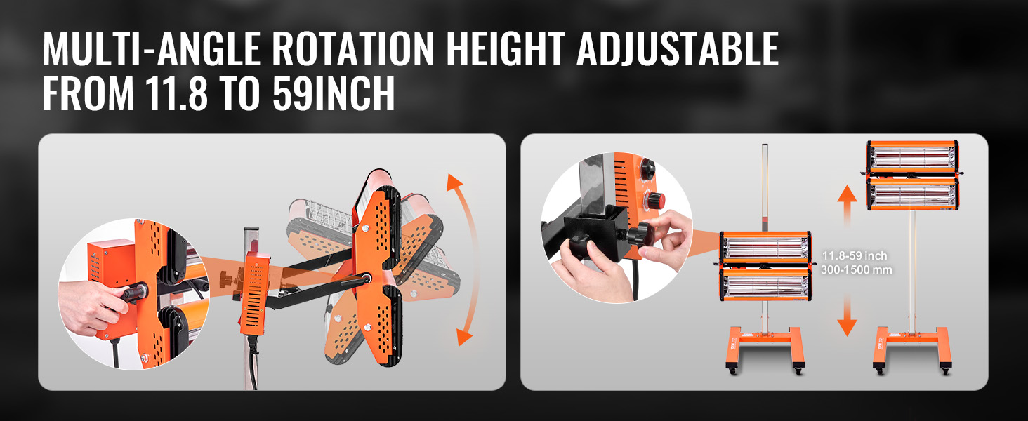 VEVOR infrared curing lamp with multi-angle rotation and adjustable height from 11.8 to 59 inches.