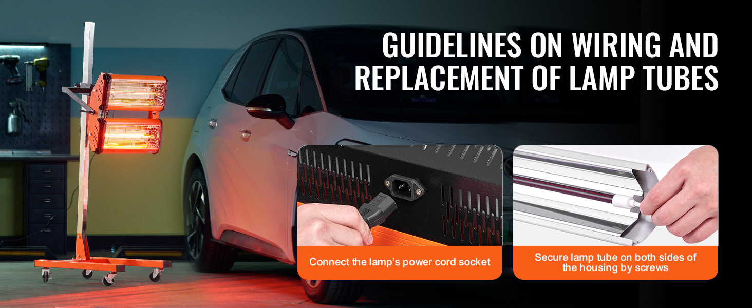 VEVOR infrared curing lamp next to a car, with wiring and tube replacement guides shown.