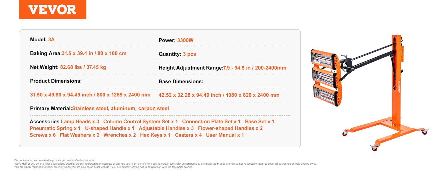 VEVOR infrared curing lamp with 3 lamp heads, power: 3300w, adjustable height, and sturdy orange frame.