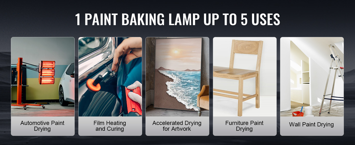 VEVOR infrared curing lamp with 5 uses for automotive, film, artwork, furniture, and wall paint drying.