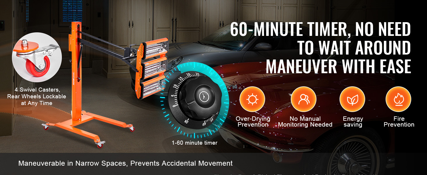 VEVOR infrared curing lamp with 60-minute timer, 4 swivel casters, lockable rear wheels, and energy saving.