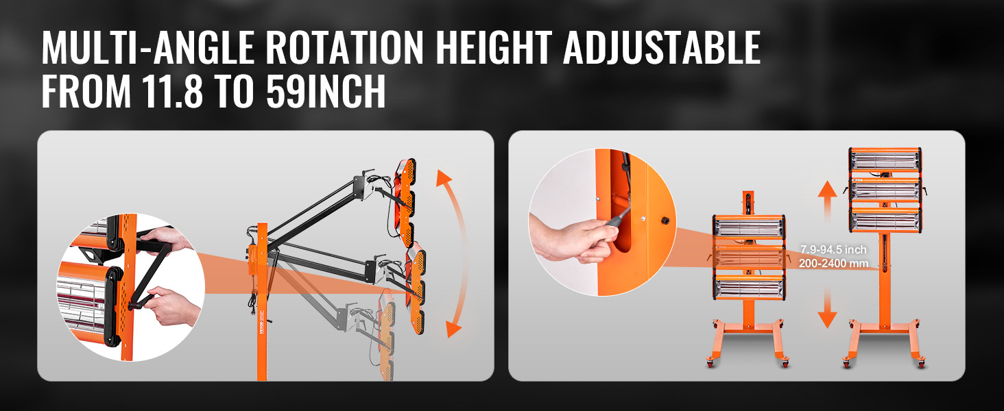 VEVOR infrared curing lamp with multi-angle rotation, height adjustable from 11.8 to 59 inches.