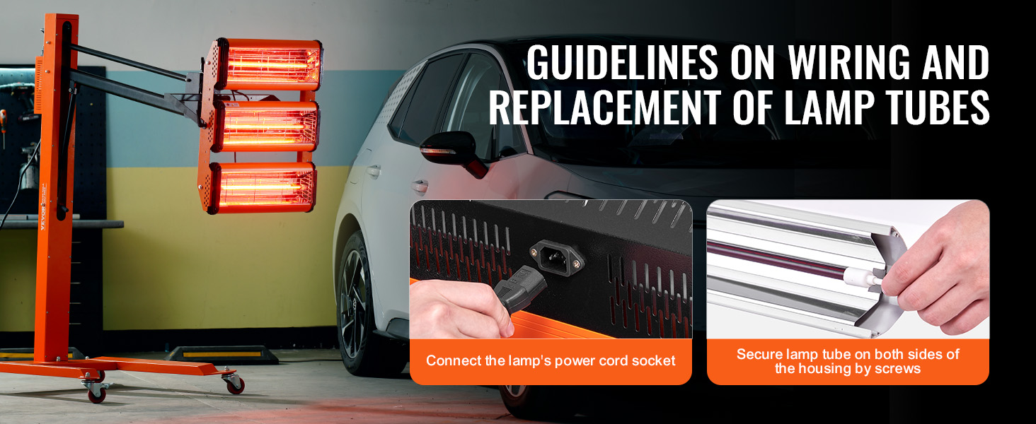 VEVOR infrared curing lamp beside a car with guides for wiring and replacing lamp tubes.