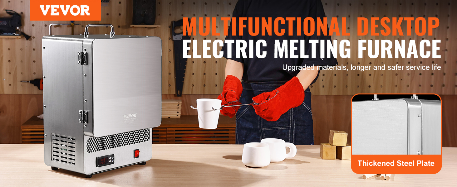 VEVOR electric kiln shown in use with safety gloves, mugs, and a thickened steel plate in a workshop.