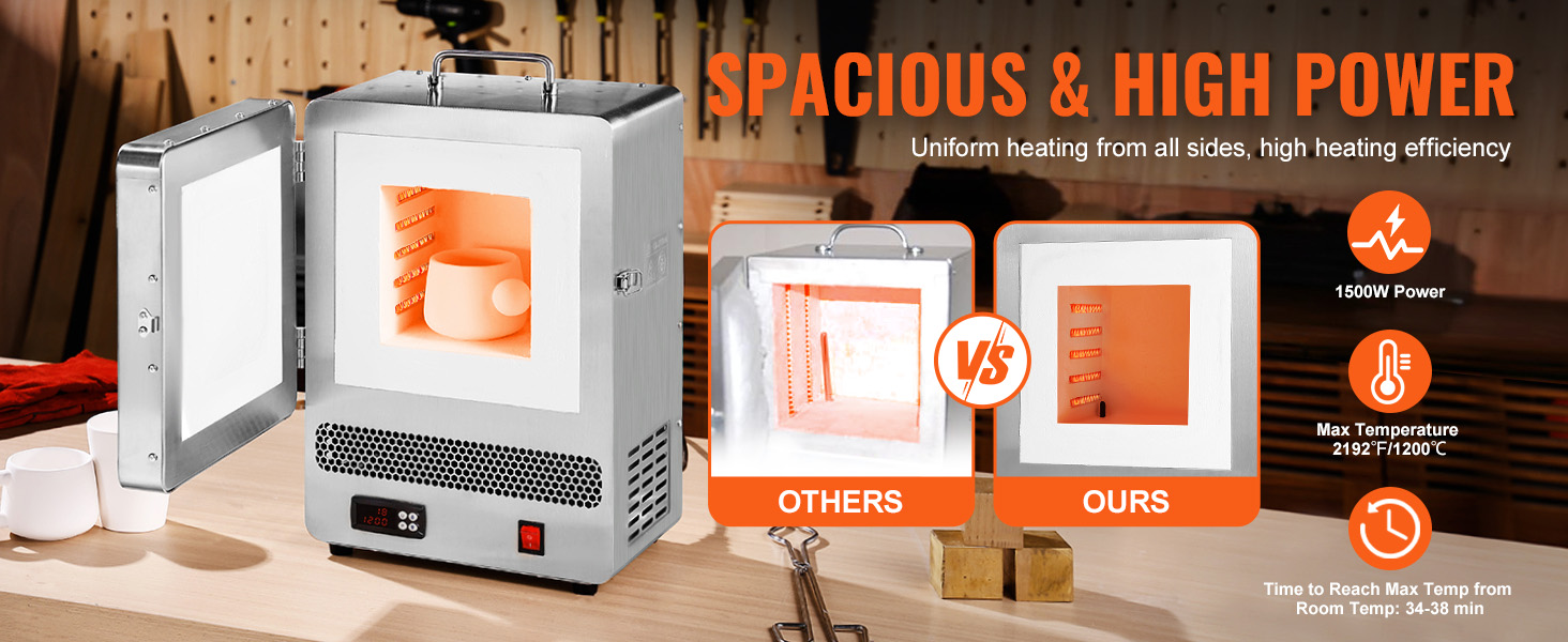 VEVOR electric kiln offers spacious, high-power heating with 1500w, reaching 2192°f/1200°c for optimal efficiency.