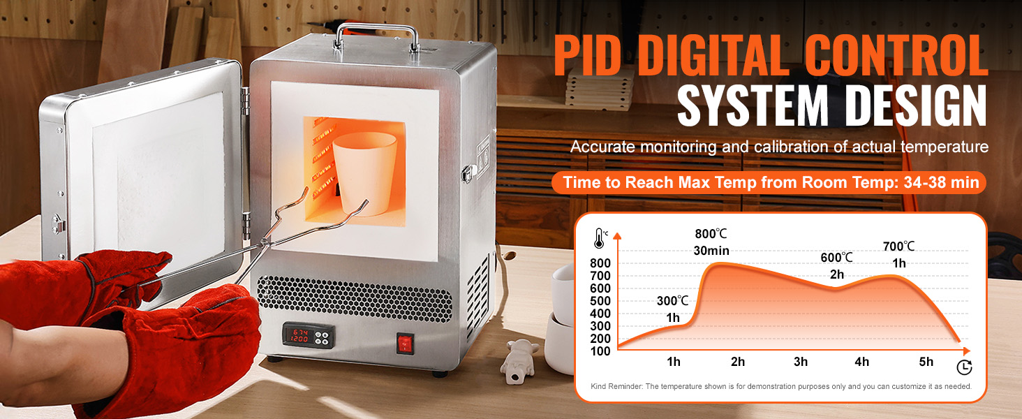 red gloves using tongs to handle a ceramic item in a VEVOR electric kiln with pid digital control.