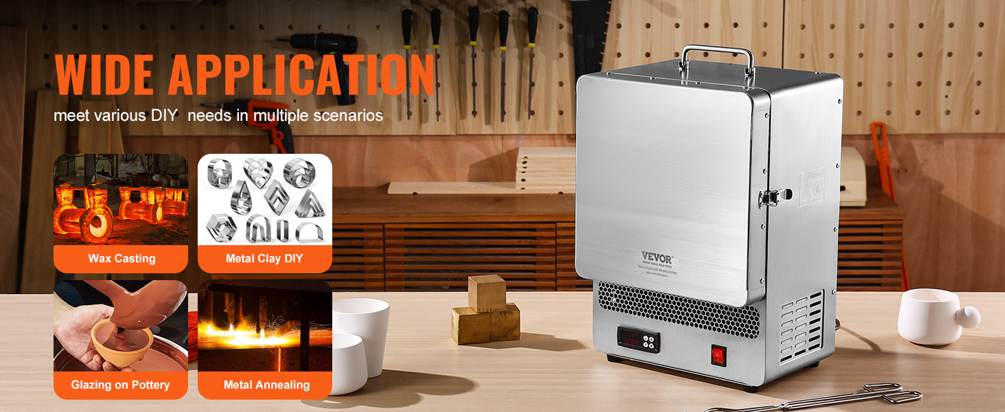 VEVOR electric kiln for wax casting, metal clay diy, glazing pottery, and metal annealing in a workshop.