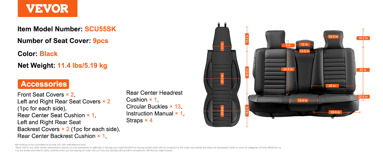 VEVOR car seat covers, 9-piece black set with detailed dimensions and model scu55sk accessories.