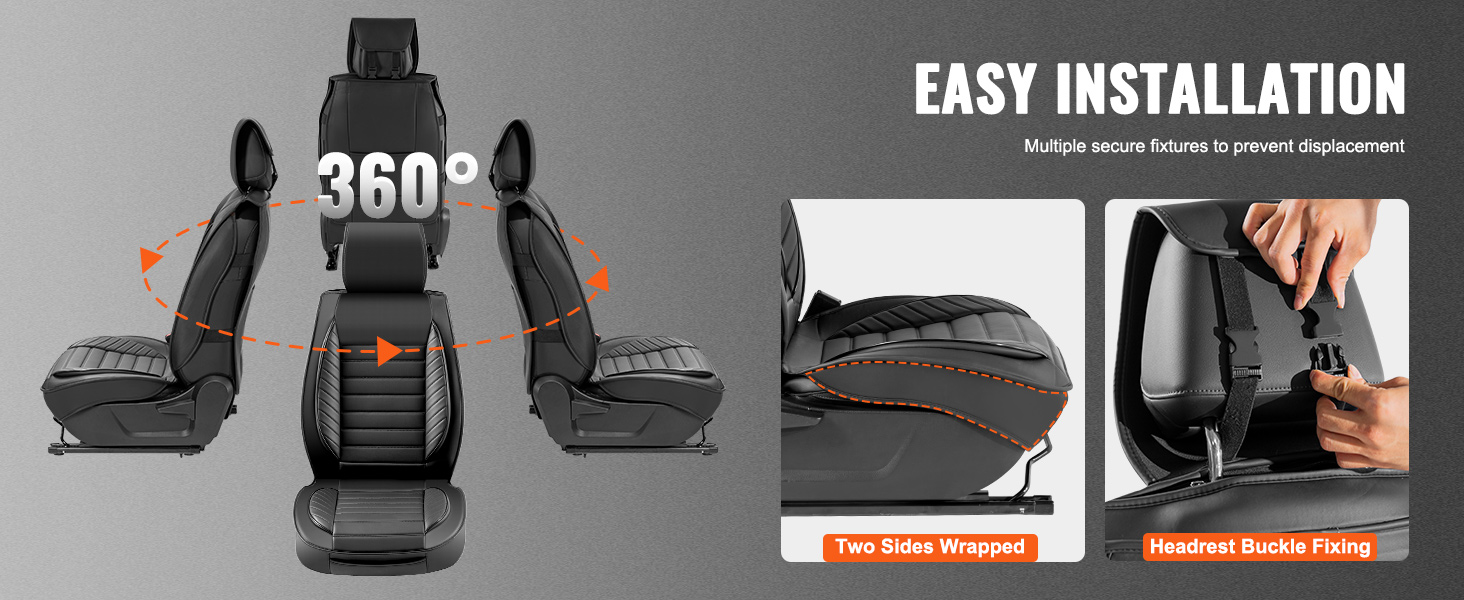 easy installation of VEVOR car seat covers with secure fixtures, headrest buckle fixing, and side wrapping.