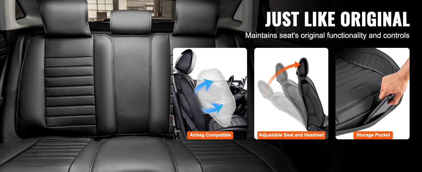 VEVOR car seat covers showing black leather design, airbag compatibility, adjustable headrest, and storage pocket.