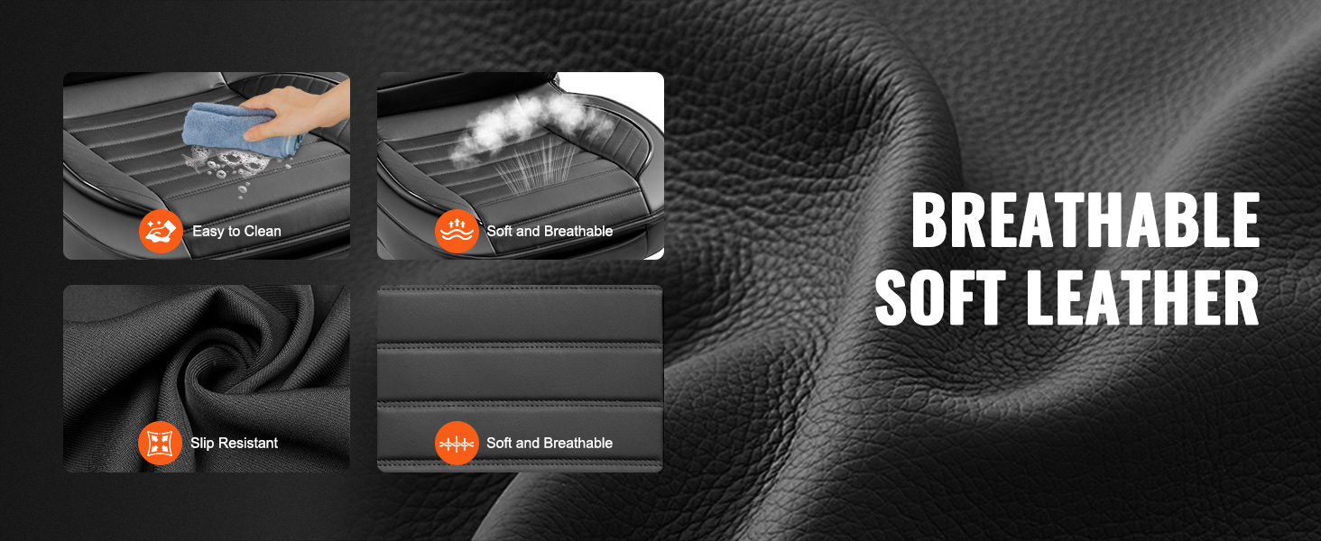 breathable and easy-to-clean VEVOR car seat covers made of 5-layer synthetic leather, foam, and anti-slip fabric.