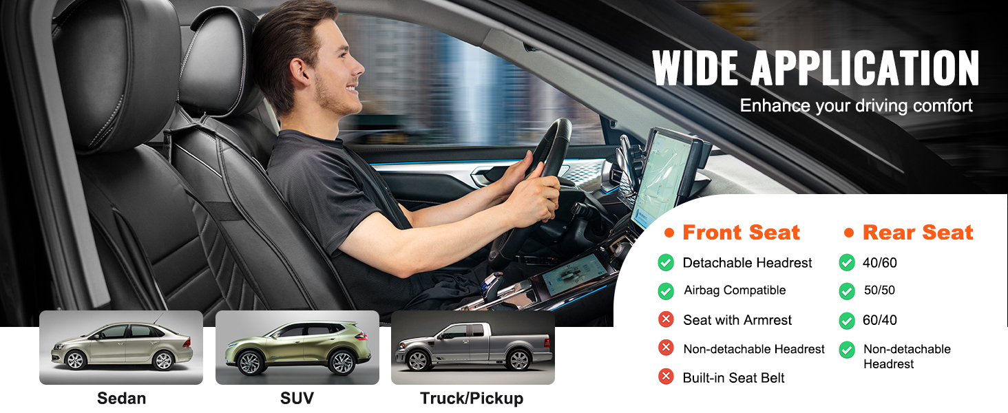 driver in car showcasing VEVOR car seat covers. compatible with sedan, suv, truck. various seat options displayed.
