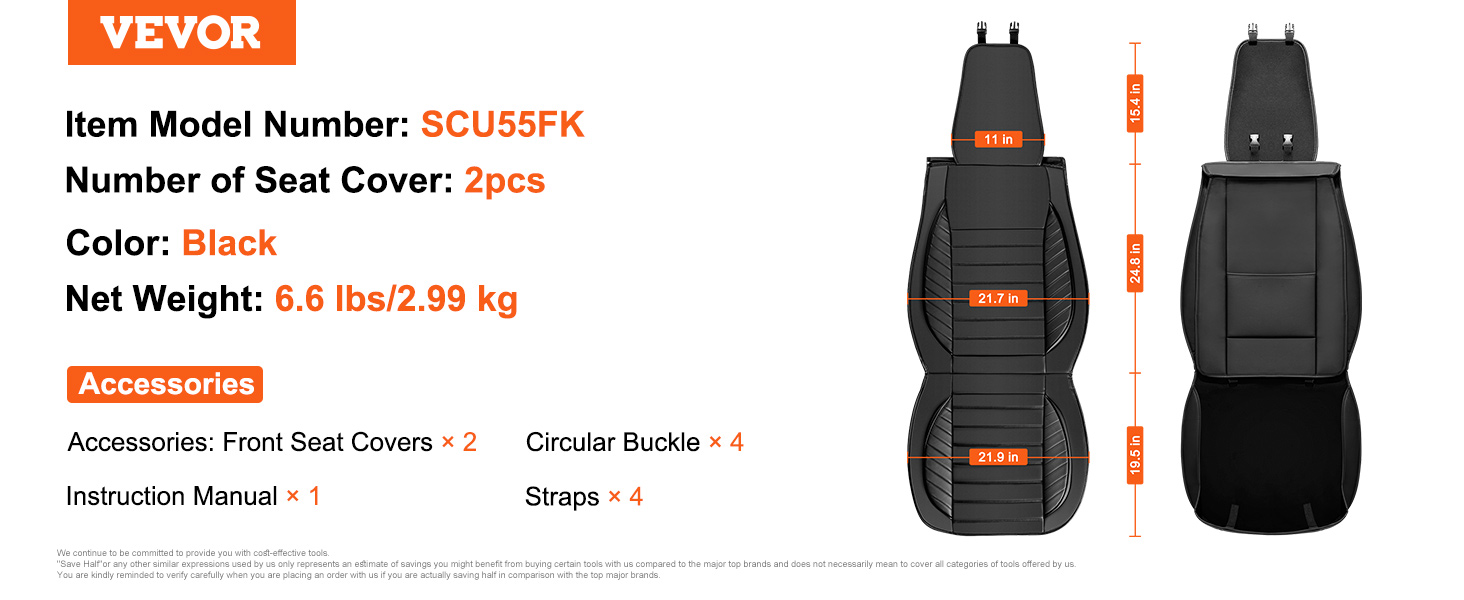 VEVOR seat covers: scu55fk, 2pcs, black, 6.6 lbs, dimensions, accessories include buckles and straps.