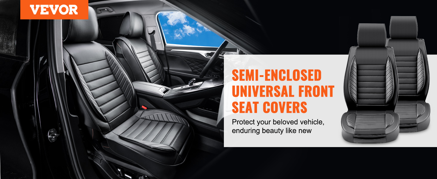 VEVOR semi-enclosed universal front seat covers in a modern car, showcasing sleek black design.