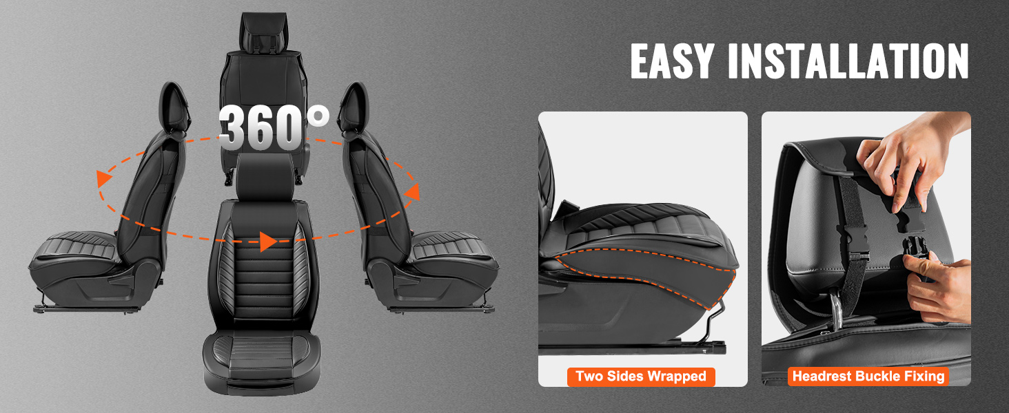 easy installation of VEVOR seat covers with 360-degree view, two sides wrapped, and headrest buckle fixing.