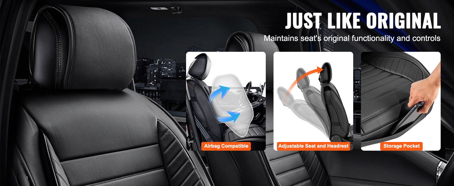 black car interior with VEVOR seat covers, showing airbag compatibility, adjustable headrest, and storage pocket.