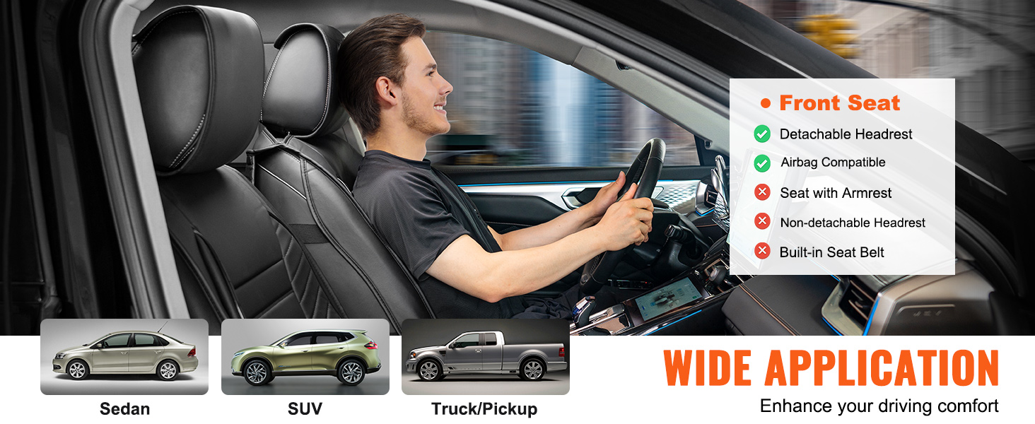 VEVOR seat covers in a car interior with detachable headrest, airbag compatibility, and wide application.