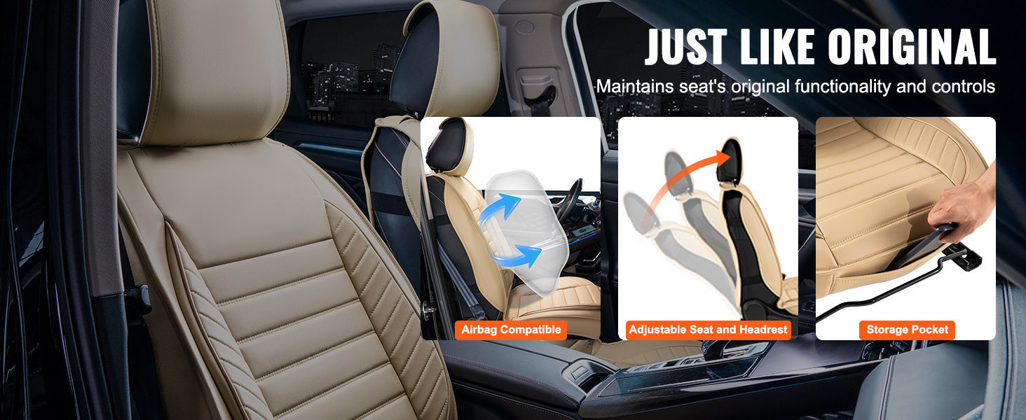 VEVOR universal car seat covers: airbag compatible, adjustable seat, and headrest with storage pocket.