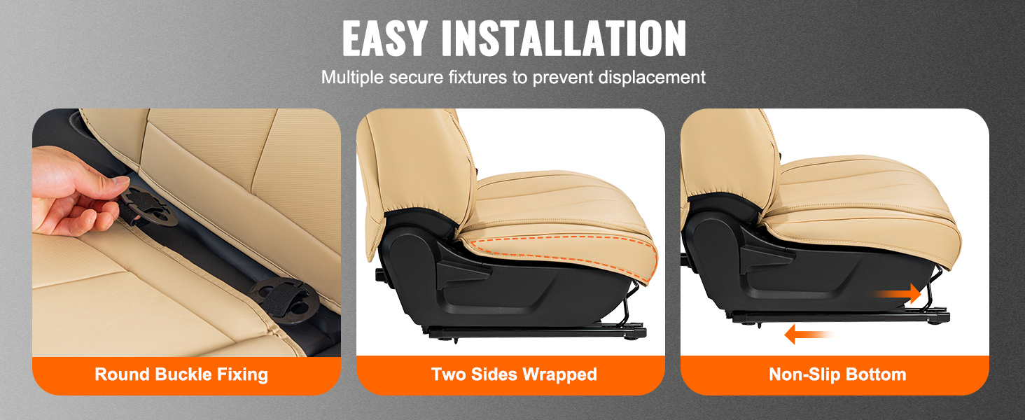 easy installation of VEVOR car seat covers: round buckle fixing, two sides wrapped, non-slip bottom.