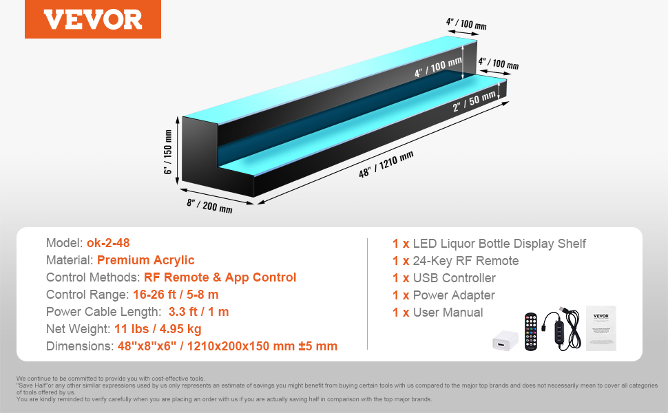 VEVOR LED Lighted Liquor Bottle Display Bar Shelf RF & App Control 48" 2-Step | VEVOR US