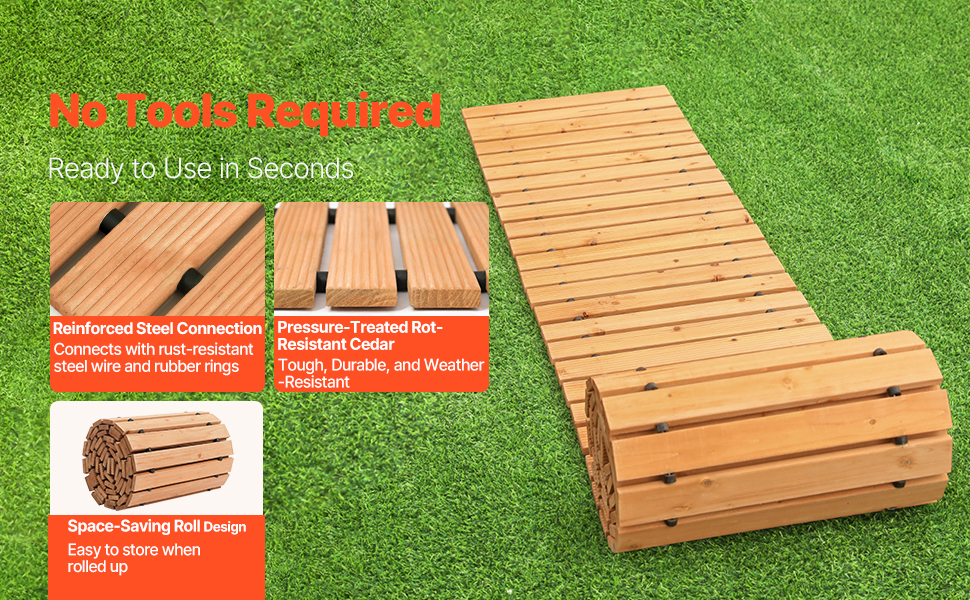12FT Roll Out Garden Pathway, Wooden Walkway With Non-Slip Surface Outdoor Garden Boardwalk Decorative Wood Path For Wedding, Beach, Patio